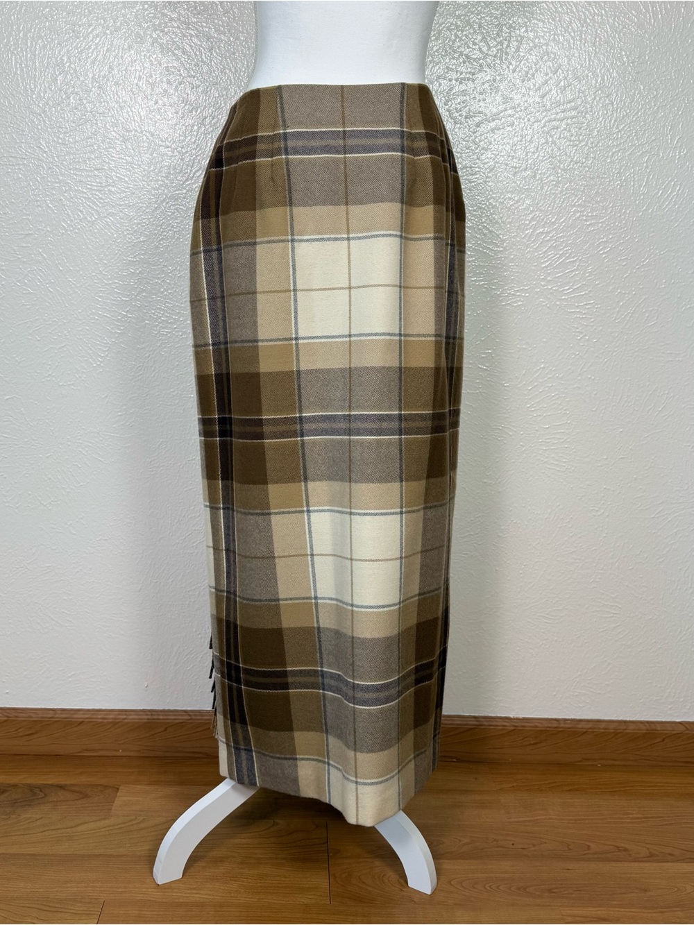 Vintage Talbots 100% Lambswool Plaid Fringe Wrap Maxi Skirt Size 8 - Picture 3 of 7